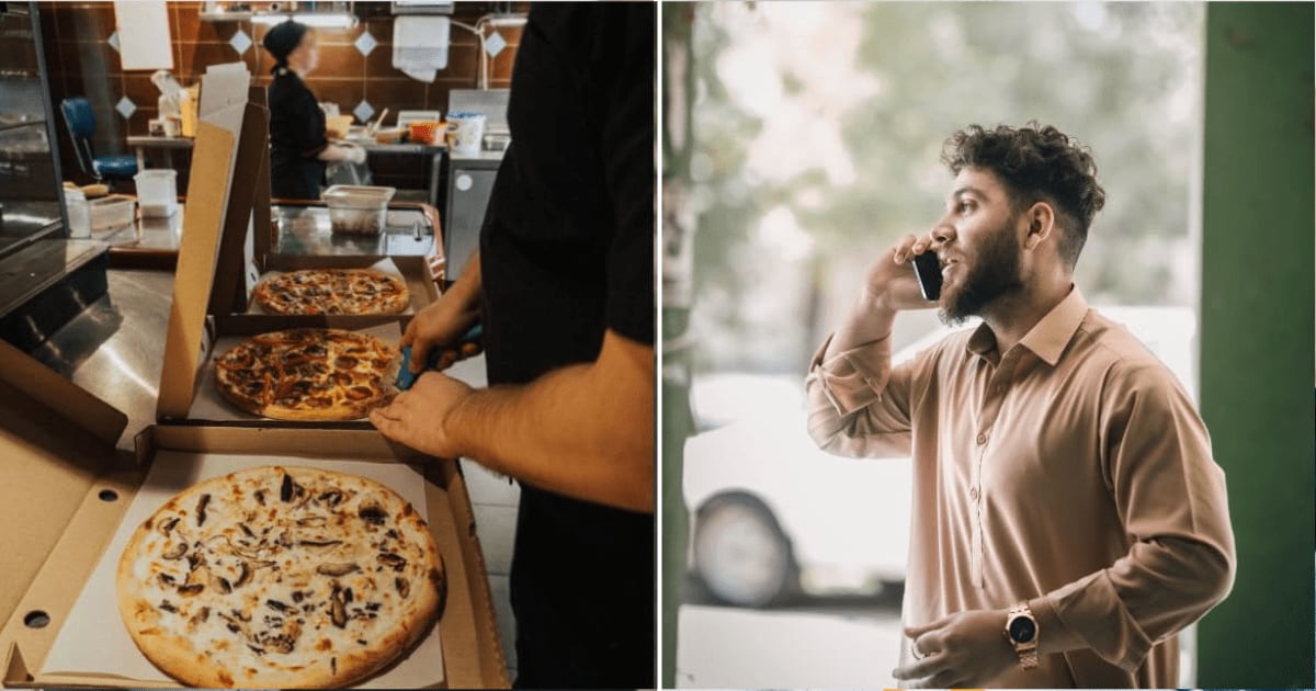L - A chef cuts freshly baked pizzas ready for delivery. R - Man making a call. (Representative Cover Image Source: Pexels | L - Max Avans, R - Aesthos AR. Photography)
