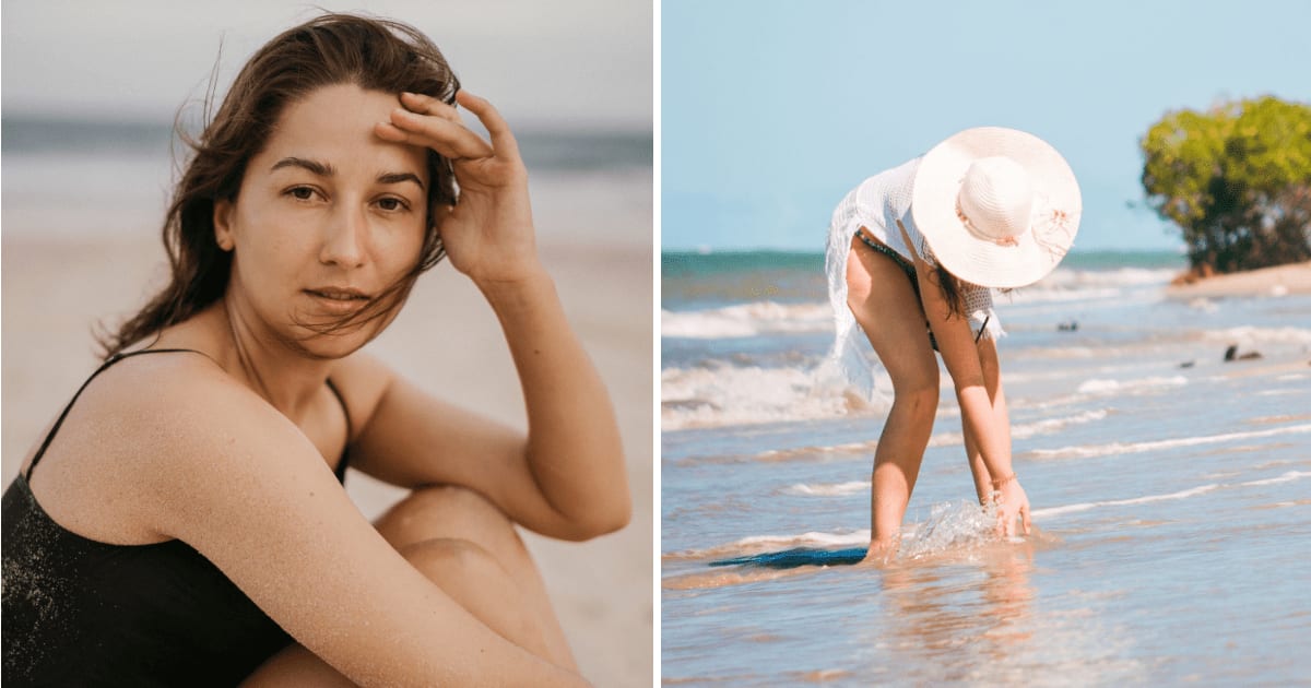 (L) Woman sitting at beach. (R) Woman taking something out from water. (Representative Cover Image Source: Pexels | (L) Anna Tarazevich, (R) Lucas Pezeta)