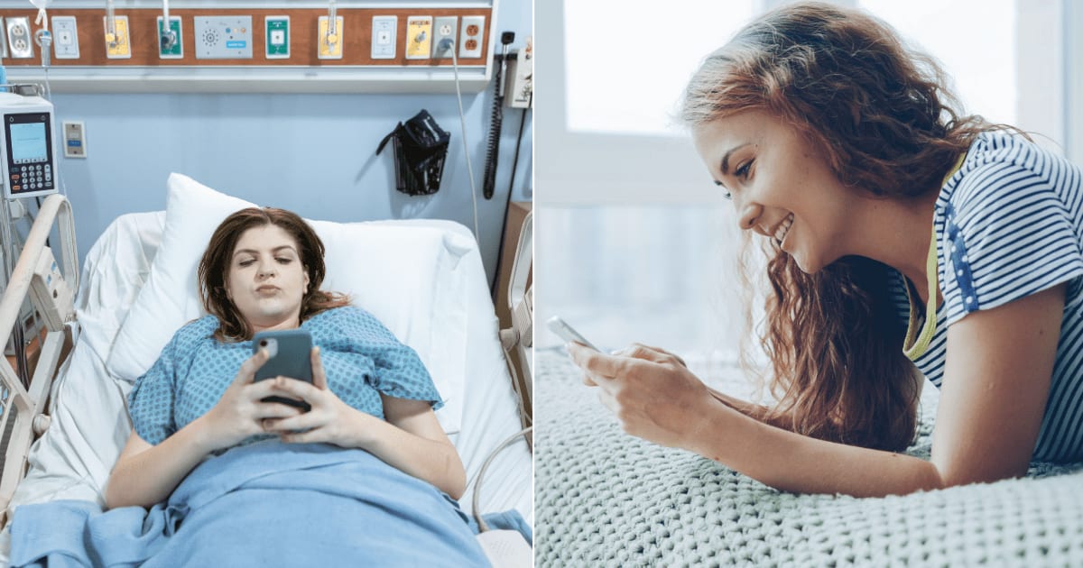 (L) A woman is texting from the hospital bed. (R) A woman smiles as she texts on phone. (Representative Cover Image Source: Pexels| L - RDNE Stock Project, R - Vitaly Gariev)