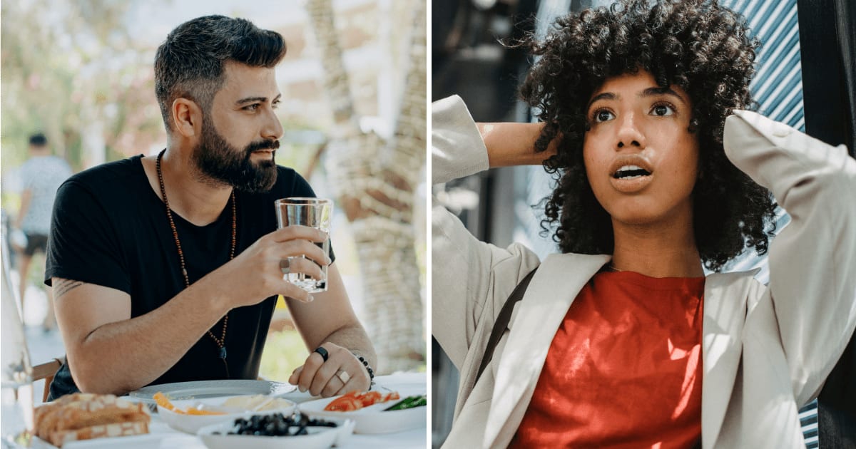 (L) Man on date. (R) Shocked woman. (Representative Cover Image Source: Pexels | (L) Mikhail Nilov, (R) Roberto Hund)