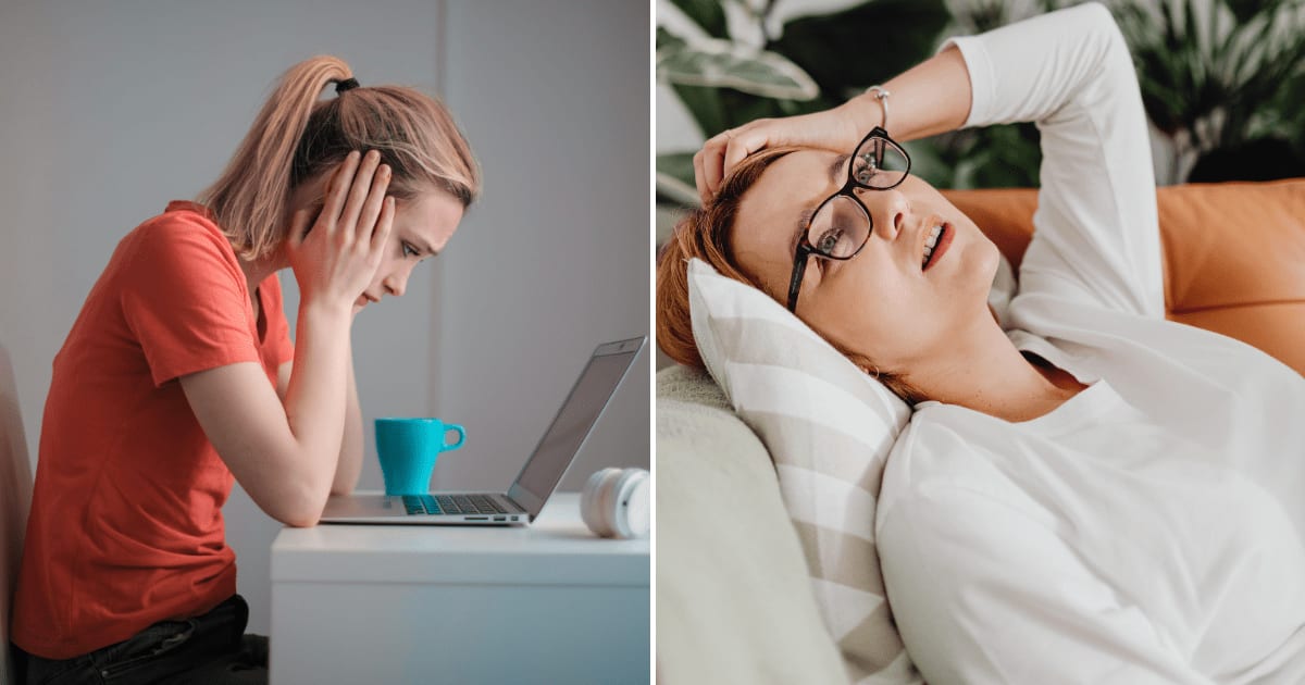 (L) A woman in stress looking at her laptop. (R) A woman worried about something, resting on her sofa. (Representative Cover Image Source: Pexels | (L) Andrea Piacquadio, (R) Kaboompics)