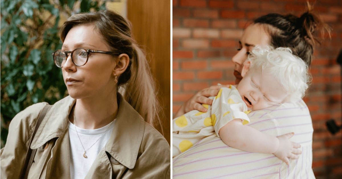 (L) Woman looking at someone. (R) Mom holding crying baby. (Representative Cover Image Source: Pexels | (L) MART PRODUCTION, (R) kaboompics)