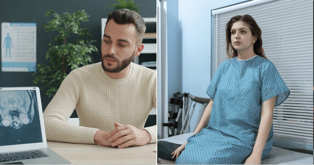 (L) Doctor talking to a man. (R) A woman patient sitting on the hospital bed. (Representative Cover Image Source: Pexels | (L) Vitaly Gariev, (R) RDNE Stock project)