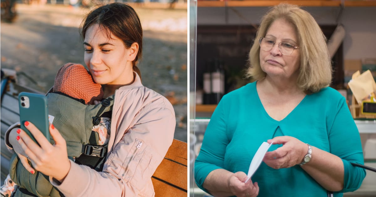 (L) Woman using phone while holding baby. (R) Older woman in store. (Representative Cover Image Source: Pexels | (L) RDNE Stock project, (R) Kampus Production)