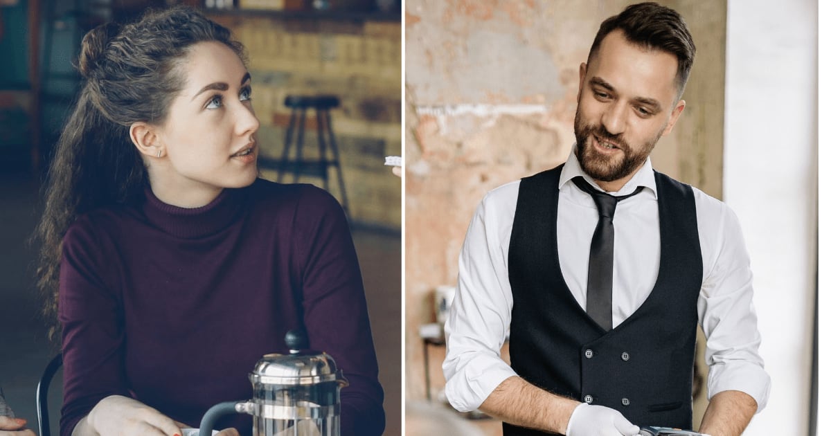 (L) A woman at restaurant talking to the waiter. (R) A waiter taking the bill to the customer. (Representative Cover Image Source: Pexels | (L) Vitaly Gariev, (R) Yan Krukau)