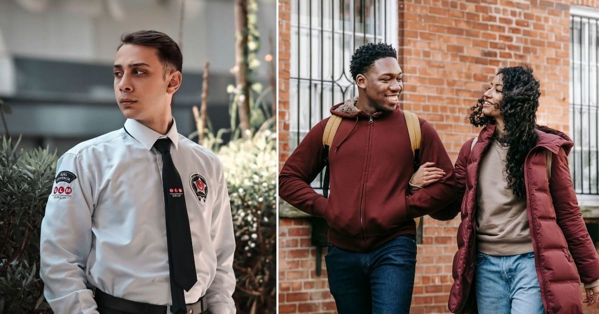 L: A security guard in uniform stands confidently outdoors. R: A couple enjoying a walk in the city. (Representative Cover Image Source: Pexels | L: Murat IŞIK, R: Keira Burton)  