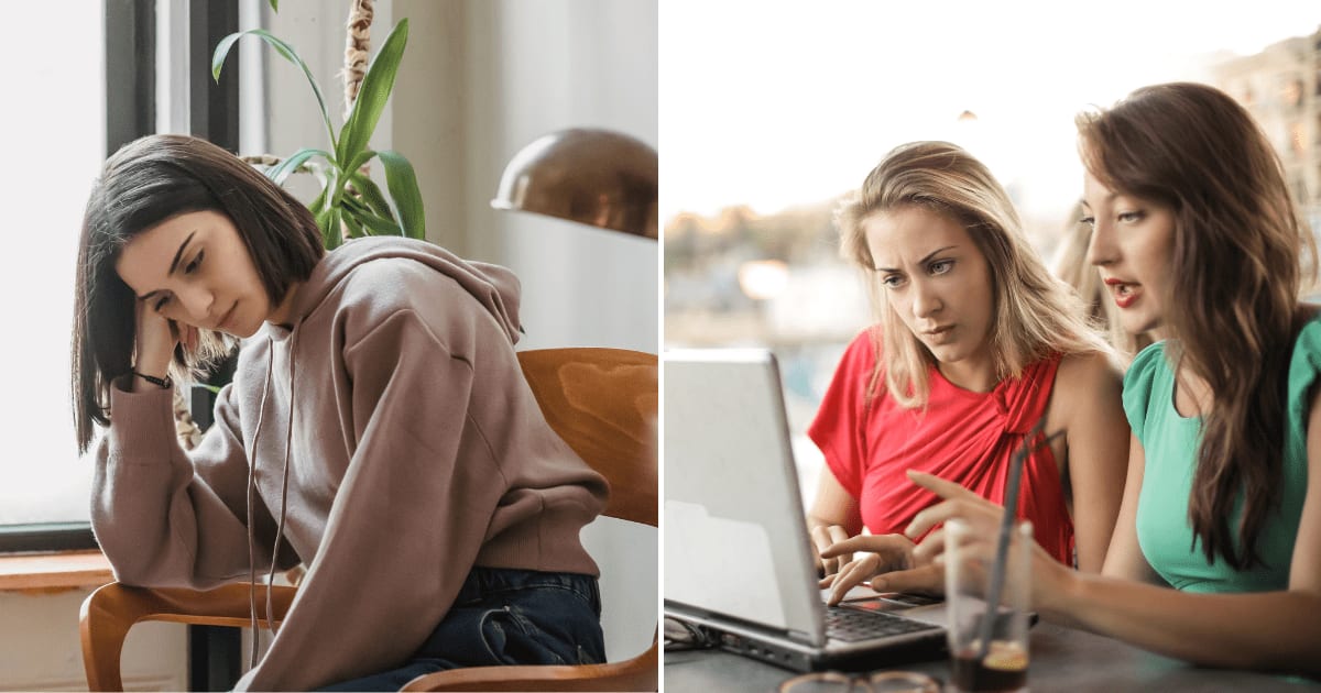 (L) An upset woman sitting on a chair resting her face on her fist. (R) Two women discussing something while looking at something on laptop. (Representative Cover Image Source: Pexels | (L) Liza Summer, (R) Andrea Piacquadio)