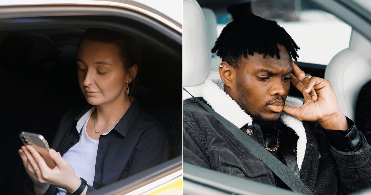 (L) A woman checking phone in the car. (R) A man looks disappointed and annoyed. (Representative Cover Image Source: Pexels| L - Anna Shvets, R - Salomon Jr)