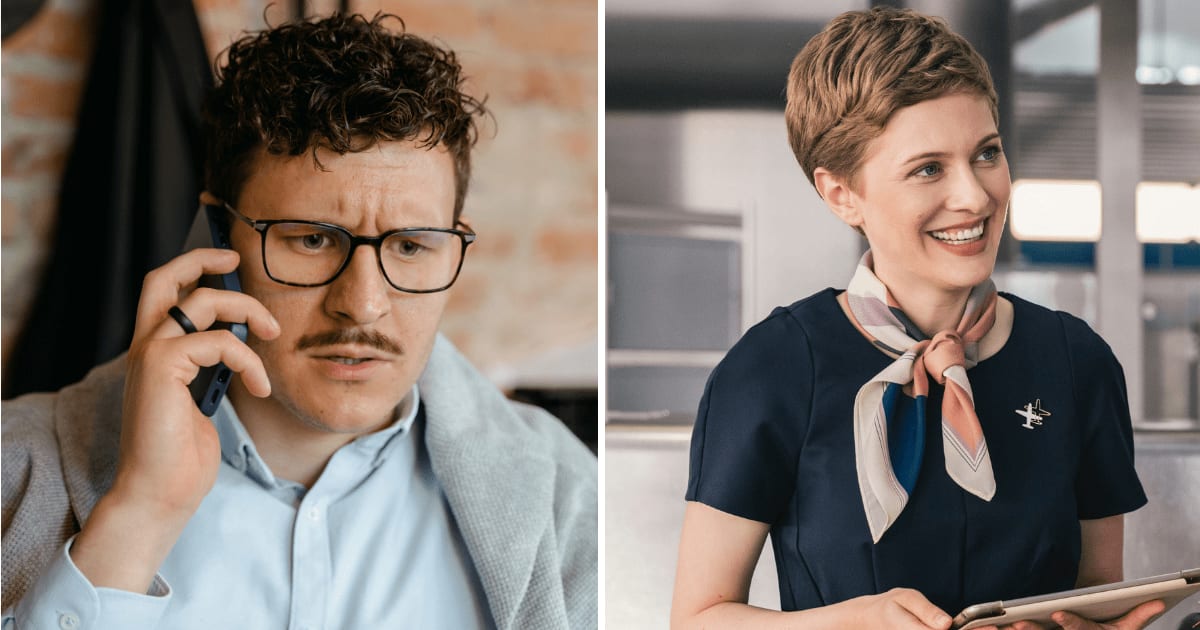 (L) Stressed man on call. (R) Flight attendant speaking to passenger. (Representative Cover Image Source: Pexels, Getty Images | (L) MART PRODUCTION, (R) westend61)