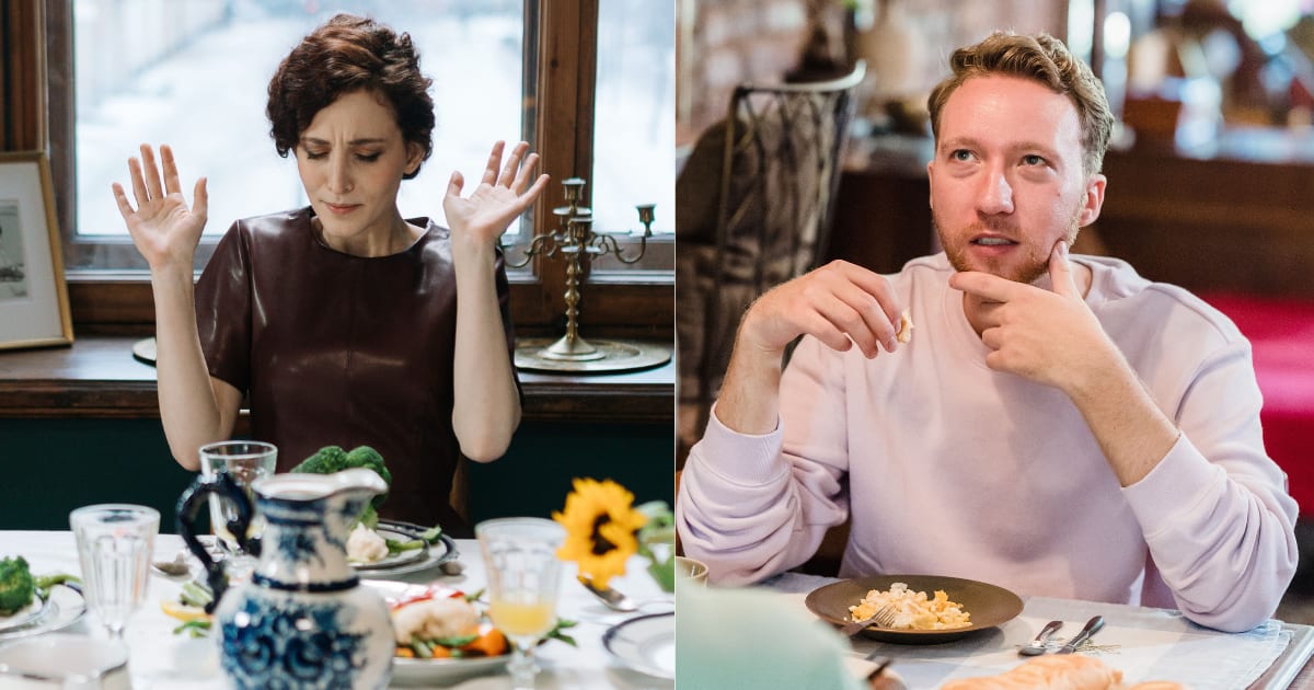 (L) A woman looks overstimulated and is leaving. (R) A man speaking at a restaurant. (Representative Cover Image Source: Pexels| L - cottonbro studio, R - Mizuno K.)