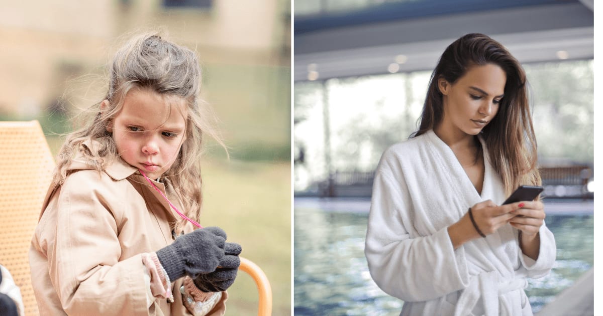 (L) A little girl looking at something sitting on the bench. (R) A woman near pool texting someone. (Representative Cover Image Source: Pexels | (L) Eren Li, (R) Andrea Piacquadio)