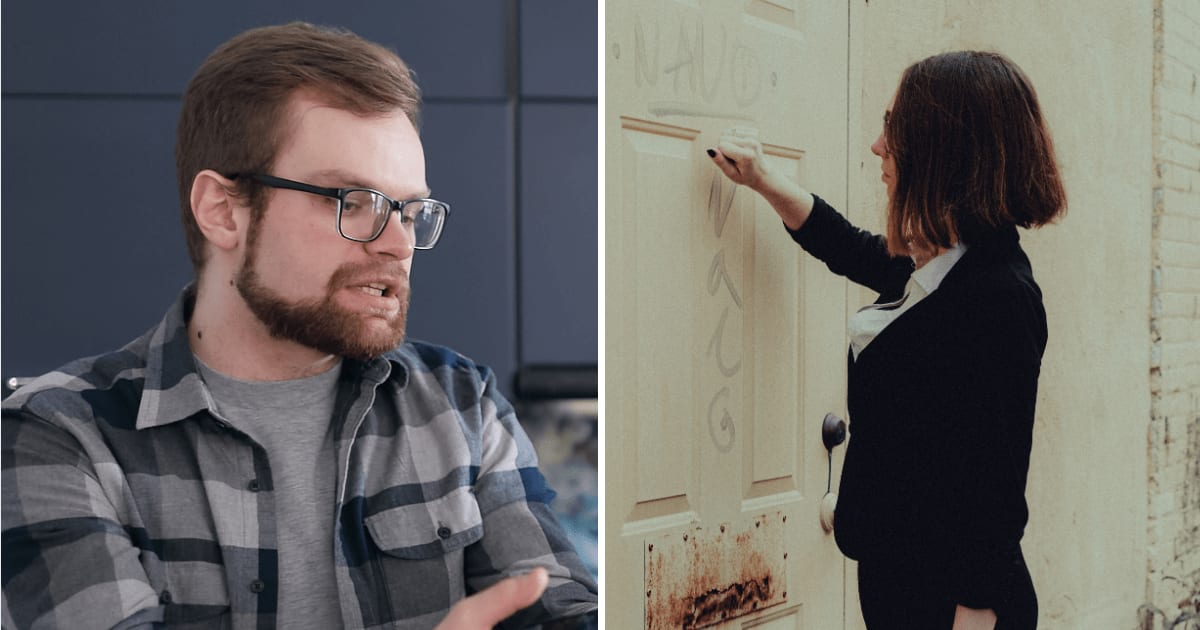 (L) Man talking to someone. (R) Woman knocking on door. (Representative Cover Image Source: Pexels | (L) Mikhail Nilov, (R) Connor Scott McManus)