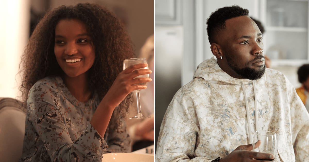 (L) A teenage girl at a party smiling. (R) A man at a party, shocked while talking to someone. (Representative Cover Image Source: Pexels | (L) Andrea Piacquadio, (R) August de Richelieu)