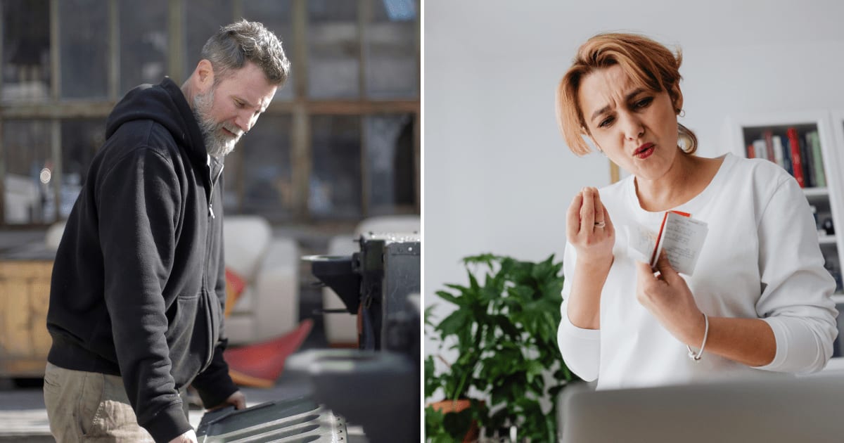 (L) A man looking in a dumpster. (R) A woman stressed after looking at a bill. (Representative Cover Image Source: Pexels | (L) Andrea Piacquadio, (R) Kaboompics)