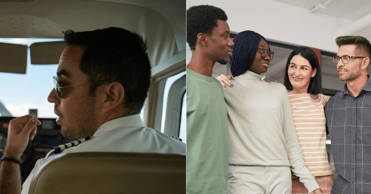 (L) A pilot looks serious while flying an aircraft. (R) A group of strangers smiles in relief. (Representative Cover Image Source: L - Unsplash| Pasqualino Capobianco, R - Pexels| Theo Decker)