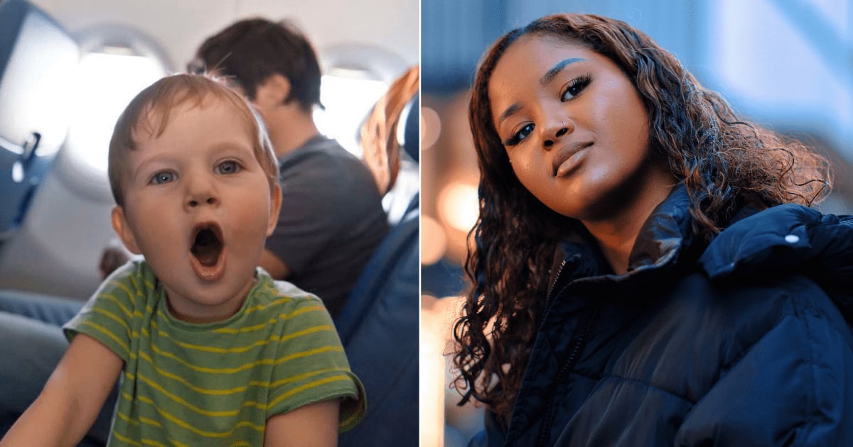 (L) Little boy sitting with his dad on a plane. (R) A woman looks annoyed as she sees someone. (Representative Cover Image Source: L - Getty Images| Art Marie, R - Pexels| Omran Soliman)