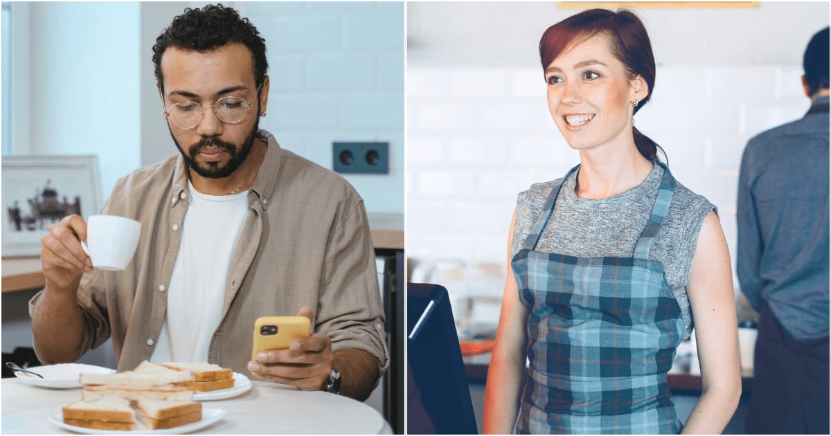 (L) A man looks annoyed as he looks at sandwiches on the table. (R) A waitress is speaking with a customer. (Representative Cover Image Source: Pexels| L - Tima Miroshnichenko, R - Vitaly Gariev)