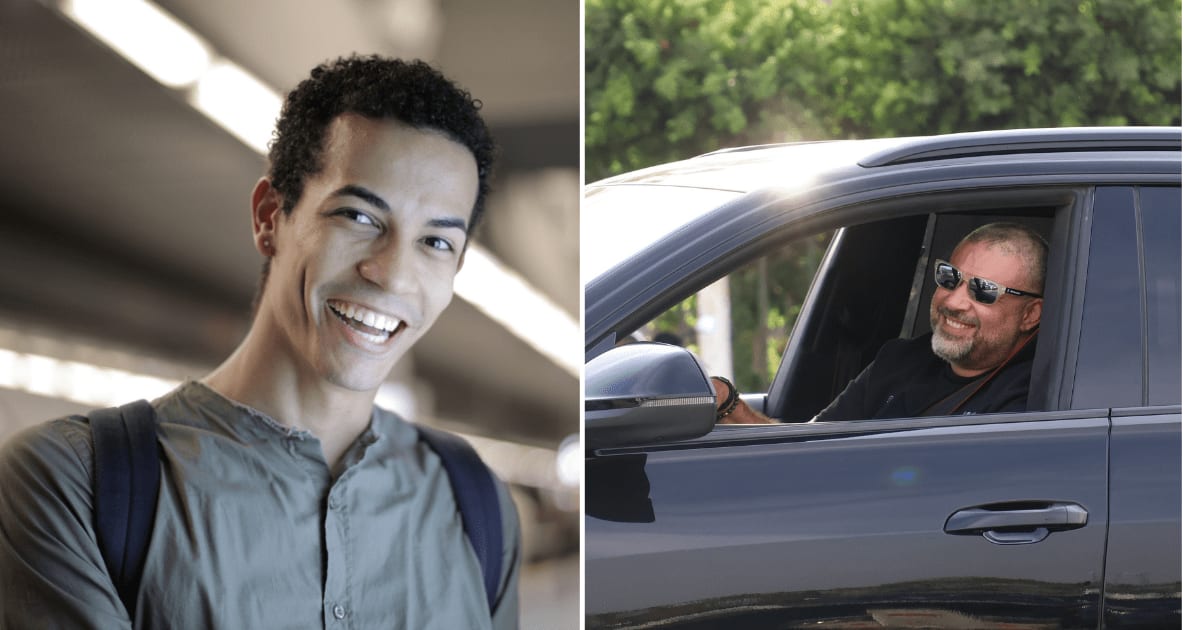 (L) A teenage guy smiling. (R) A man driving a car, passing a smile at someone. (Representative Cover Image Source: Pexels | (L) Andrea Piacquadio, (R) Crz .)