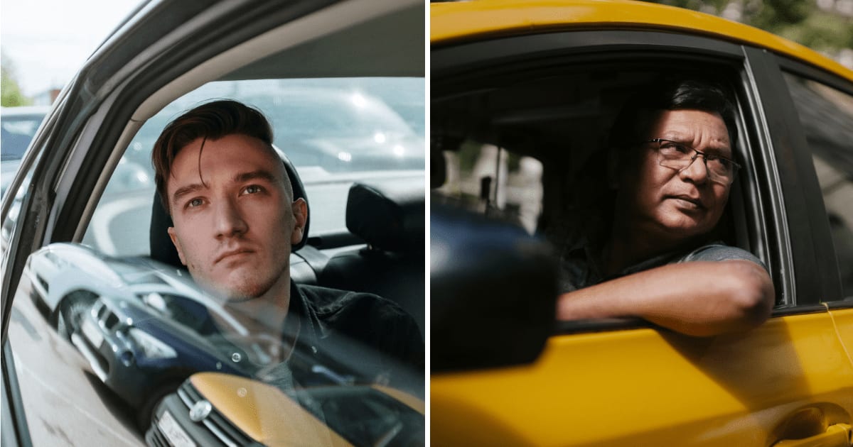 (L) Man sitting in cab. (R) Taxi driver looking outside. (Representative Cover Image Source: Pexels | (L) cottonbro studio, (R) Tim Samuel)