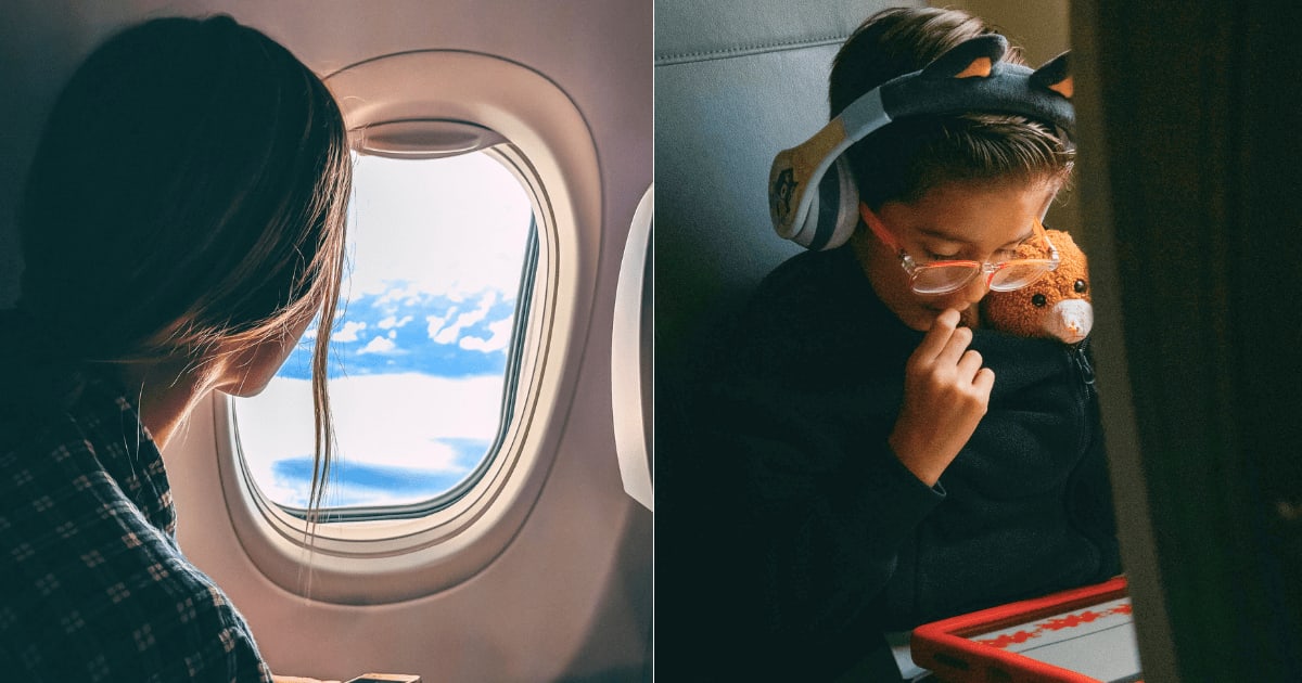 (L) A woman looking out of a window in an airplane. (R) A child is engrossed in an iPad during flight. (Representative Cover Image Source: L - Pexels| Jason Toevs, R - Unsplash| Guillermo Lopez)