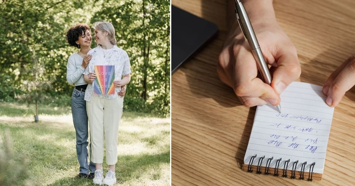 L - Happy couple embracing with a ‘love is love’ sign. R -  A person writes a note in a notepad at a wooden desk. (Representative Cover Image Source: Pexels | L - Pavel Danilyuk, R - Kaboompics.)