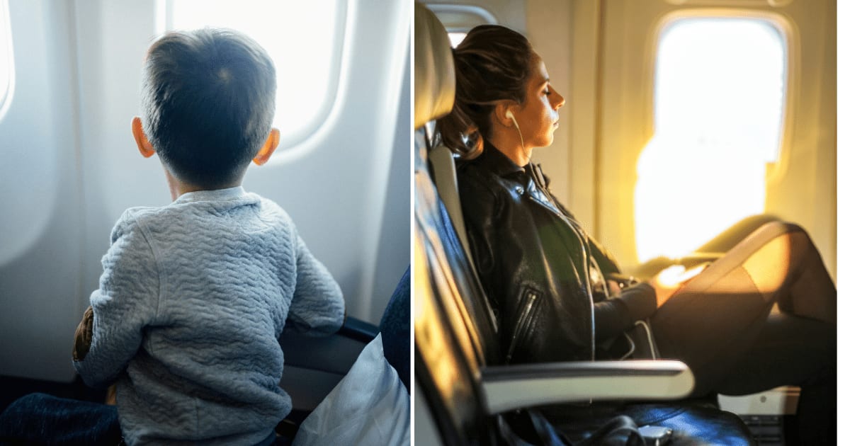 (L) A little boy sitting on the window seat of a plane. (R) A woman listening to music on plane. (Representative Cover Image Source: (L) Unsplash | Photo by Mikhail Nilov, (R) Pexels | Photo by Hanson Lu)
