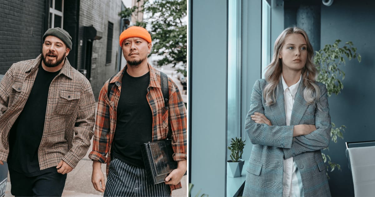 (L) Two men walking on the street. (R) A woman in a suit, seemingly annoyed. (Representative Cover Image Source: Pexels | (L) Anna Pou, (R) Tima Miroshnichenko)