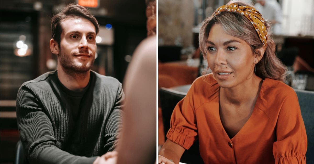 (L) Man on date. (R) Woman sitting at table. (Representative Cover Image Source: Pexels | (L) Katerina Holmes, (R) Jep Gambardella)