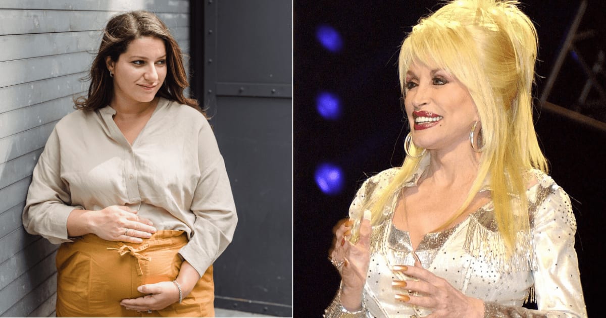 (L) Pregnant woman smiling as she holds her belly. (R) Dolly Parton performs at the Grand Ole Opry in Nashville, Tennessee, on April 23, 2005. (Cover Image Sources: (L) Pexels | Amina Filkins; (R) Wikimedia Commons) 