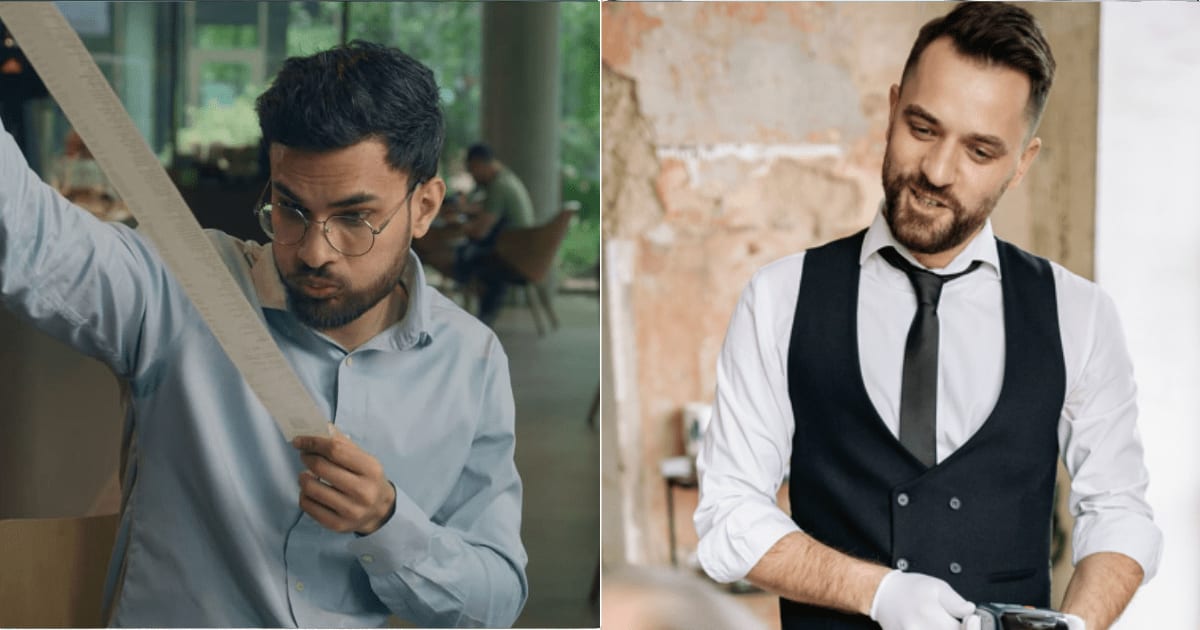 (L) A diner checking the bill at a restaurant. (R) A waiter bringing the billing machine to a customer. (Representative Cover Image Source: (L) Getty | Yuliia Kaveshnikova, (R) Pexels | Yan Krukau)
