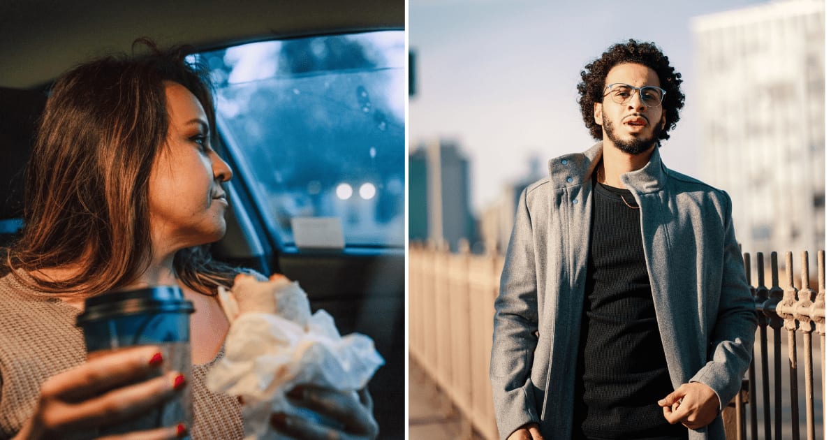 (L) A woman sitting in a car having food and coffee. (R) A man furiously looking at someone. (Representative Cover Image Source: Pexels | (L) RDNE Stock project, (R) Luis Moya)