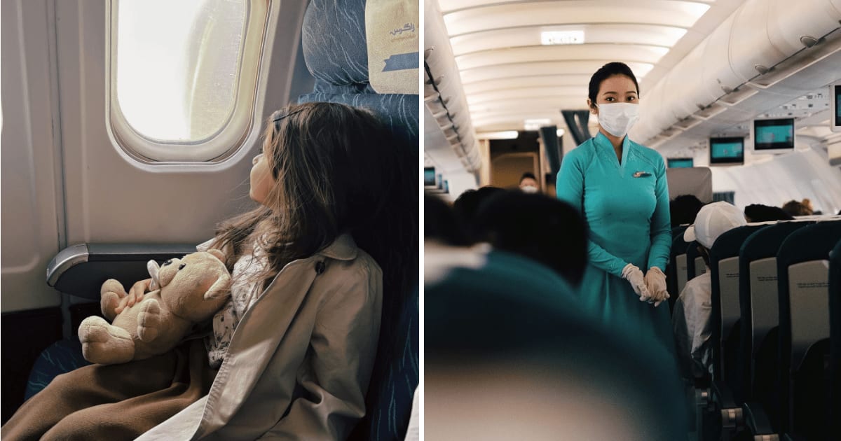 (L) Little girl sitting in plane. (R) Flight attendant looking at someone. (Representative Cover Image Source: Pexels | (L) Arezu Sajadi, (R) Pew Nguyen)