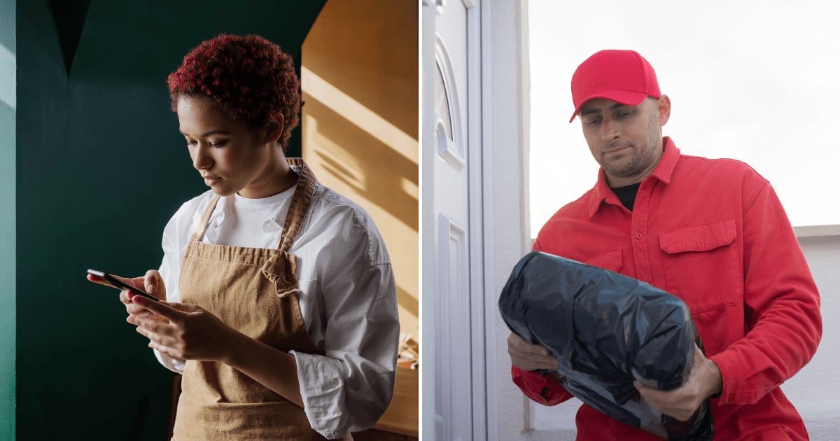 (L) A waitress typing on a phone. (R) A delivery guy holding a delivery box. (Representative Cover Image Source: Pexels | (L)Ron Lach, (R) Kampus Production)