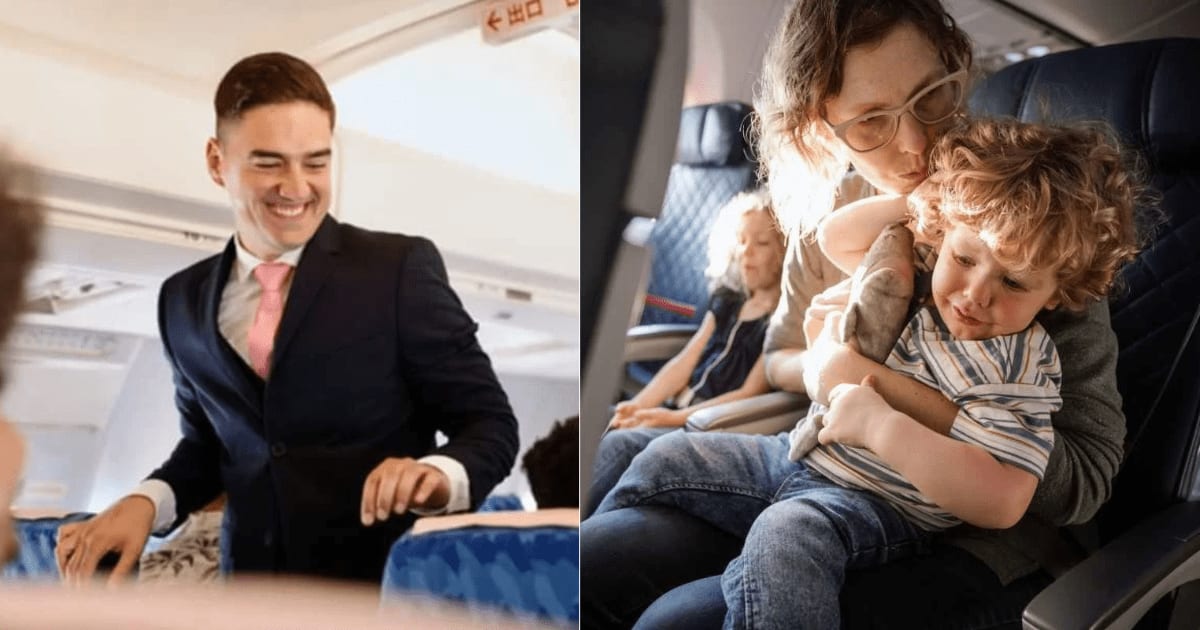 (L) A flight attendant speaking with passengers. (R) A mom looks uncomfortable while traveling with child. (Representative Cover Image Source: Getty Images| L - Anchiy, R - Ryan L Jane)