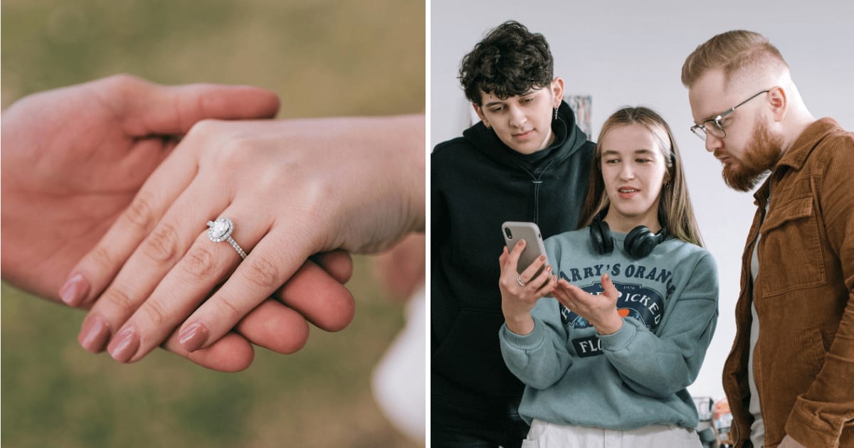 (L) Woman wearing engagement ring. (R) Friends group looking at phone together. (Representative Cover Image Source: Pexels | (L) Western Sydney Wedding Photo and Video, (R) Ivan S)