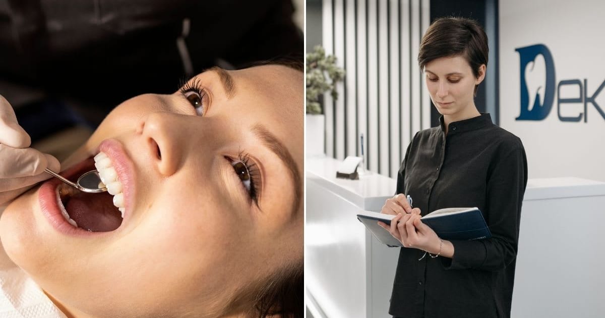L - Close-up portrait of a woman receiving a dental checkup. R - An employee at a dental office looks disappointed. (Representative Cover Image Source: Pexels | L - Filip Rankovic Grobgaard, R - Pavel Danilyuk)