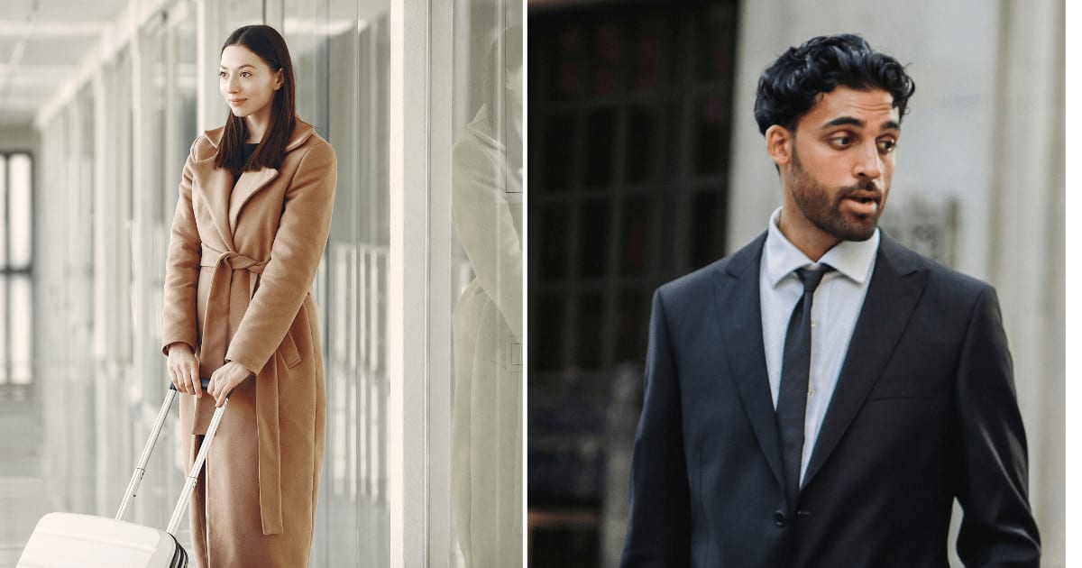 (L) A woman at airport waiting with a bag. (R) A man in suit talking to someone seemingly upset. (Representative Cover Image Source: Pexels | (L) Gustavo Fring, (R) Ketut Subiyanto)