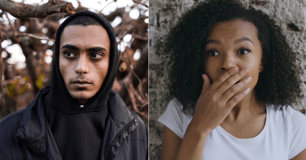 L - An unidentified person in a black hoodie. R - A visibly tense woman remains on high alert. (Representative Cover Image Source: Pexels | L - Mateo.iq, R - Vitaly Gariev)