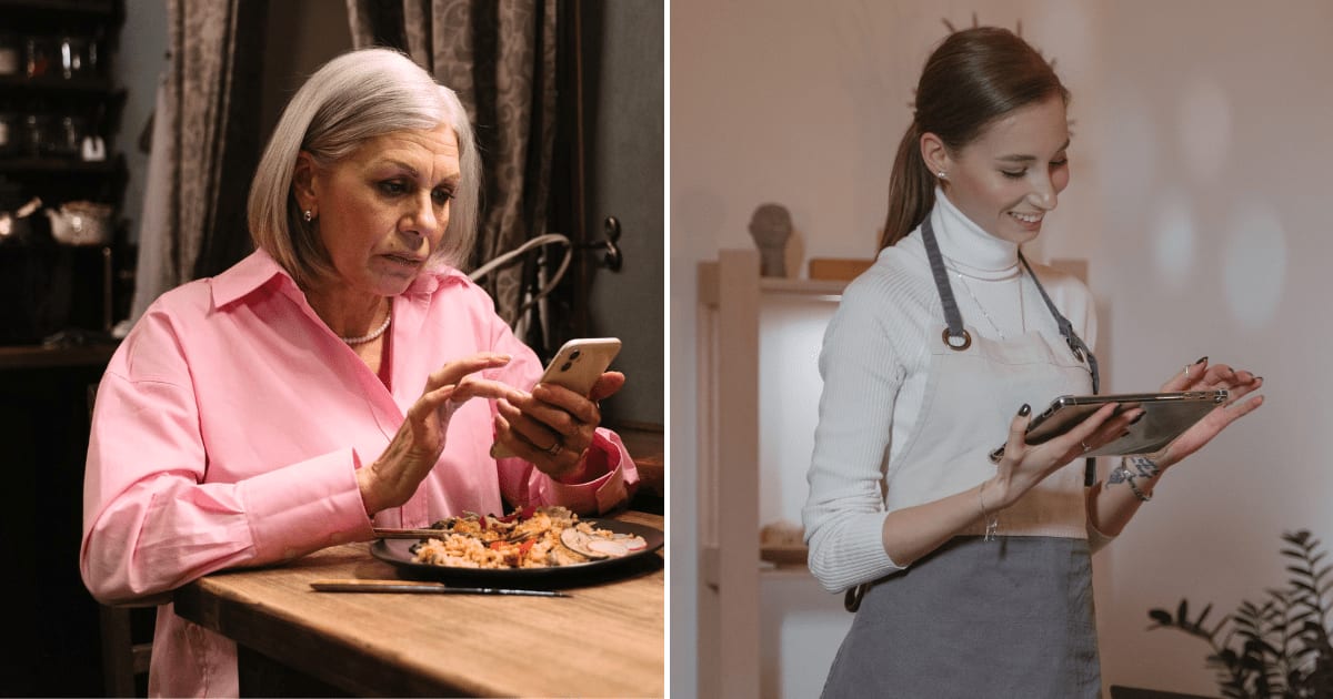 (L) An elderly woman having a meal at a restaurant. (R) A waitress taking orders on her iPad. (Representative Cover Image Source: Pexels | (L) cottonbro studio, (R)  Tima Miroshnichenko)