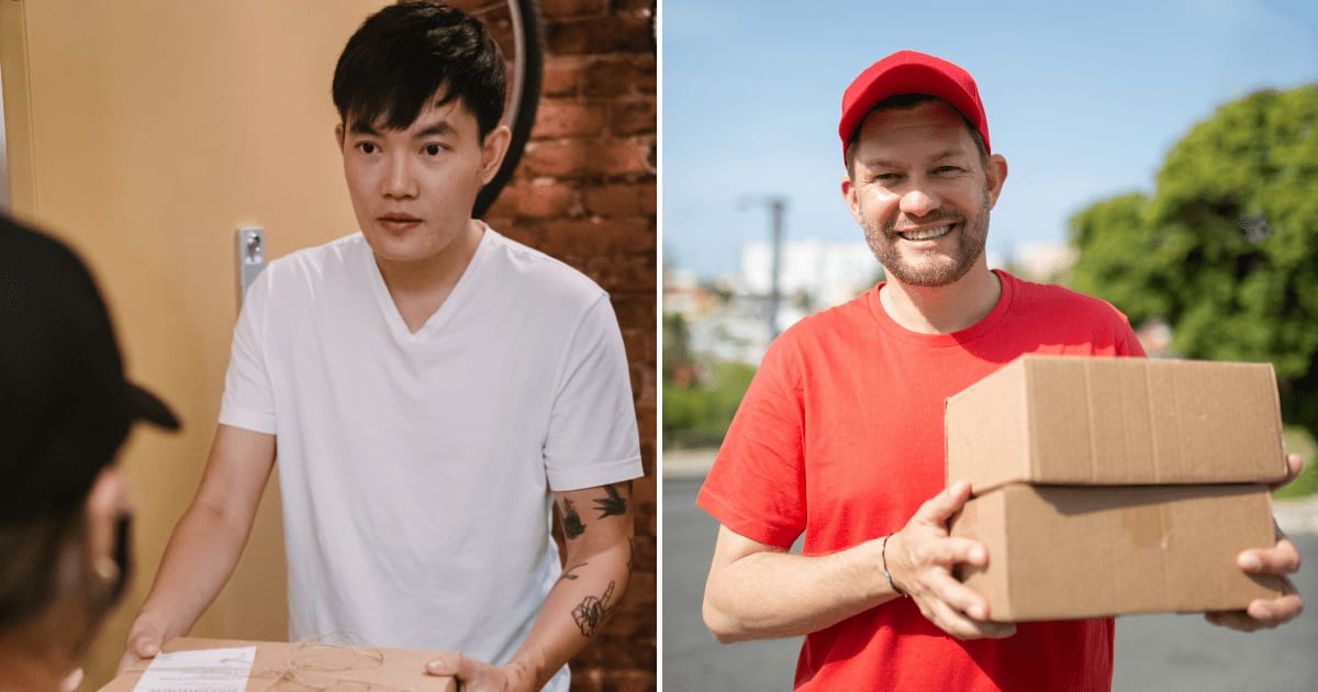 (L) A man receiving his parcel from a delivery agent. (R) A smiling delivery man delivering two boxes. (Representative Cover Image Source: Pexels | (L) Mike Jones, (R) Kampus Production)