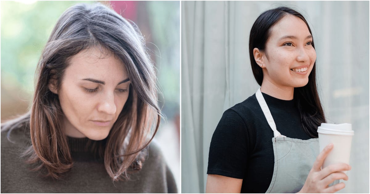 (L) A grieving woman looks despondent. (R) A barista smiles as she hands over coffee. (Representative Cover Image Source: Pexels| L - Engin Akyurt, R - Ketut Subiyanto)