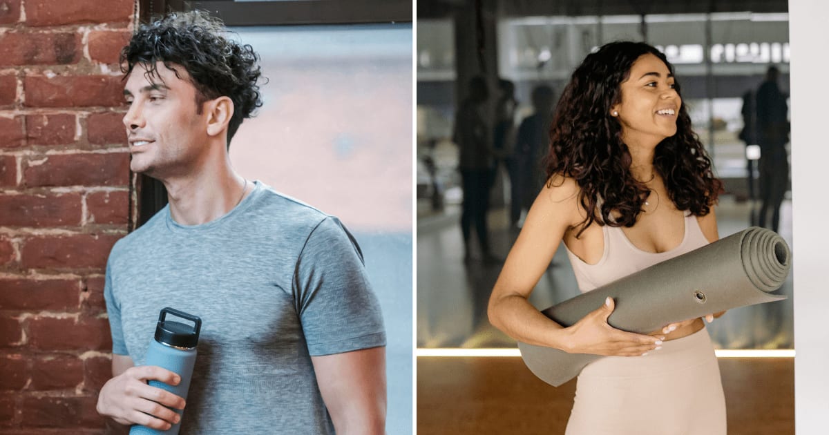 (L) A man at a gym talking to someone. (R) A woman with a yoga mat in hand laughing with a friend. (Representative Cover Image Source: Pexels | (L) Klaus Nielsen, (R) Yan Krukau)