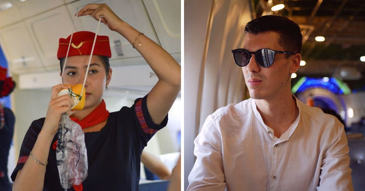 (L) Flight attendant giving instructions (R) Male passenger in flight — (Representative Cover Image Source: Pexels | Alejandro Quiñonez, Pexels | Madjid Atmania)
