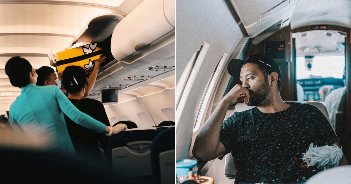 (L) Flight attendant helping passengers putting bag in overhead bin. (R) A man sitting on the window seat on a plane. (Representative Cover Image Source: (L) Pexels | Pew Nguyen, (R) Unsplash | Chase Fade)