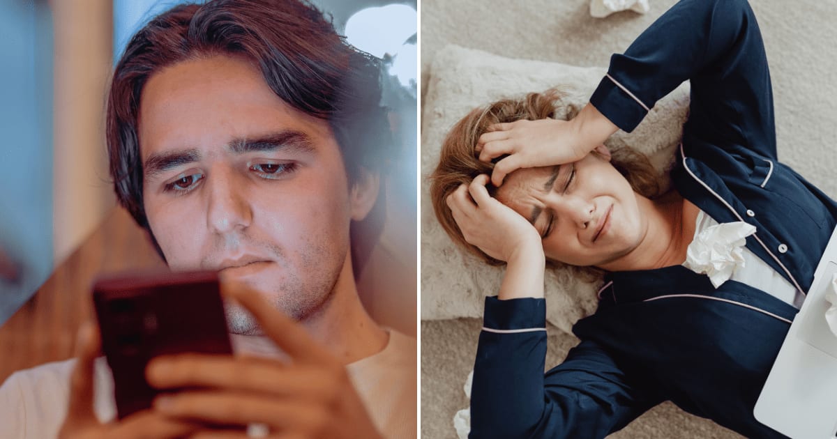 (L) A man stressed while looking at his phone. (R) Woman lying on the floor, crying with tissues all over. (Representative Cover Image Source: Pexels | (L) Umut Raw, (R) Kaboompics)