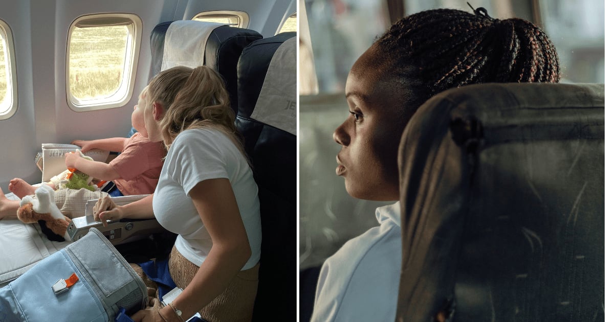 (L) A mother sitting with her son on a plane. (R) A passenger is visibly frustrated. (Representative Cover Image Source: L - Pexels | Rahul Singh, R - Unsplash| Ben Iwara)