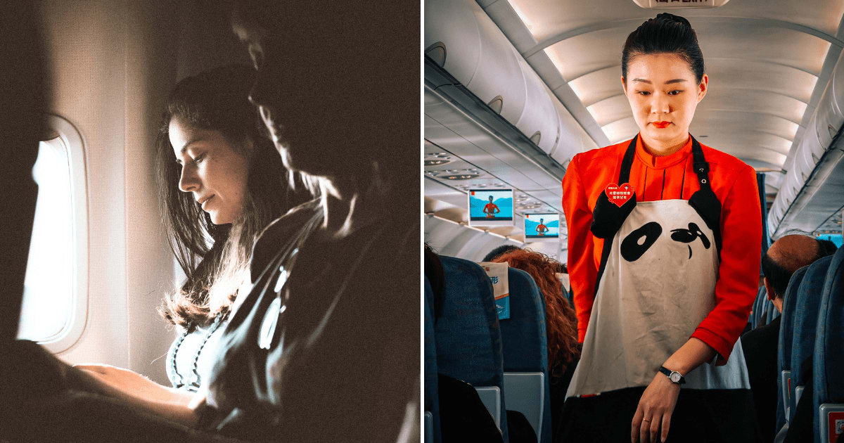 (L) A woman sitting in a window seat in a plane. (R) A flight attendant walking in the flight aisle. (Representative Cover Image Source: (L) Unsplash | Photo by Mikhail Nilov, (R) Pexels| Photo by Suat iNAN)