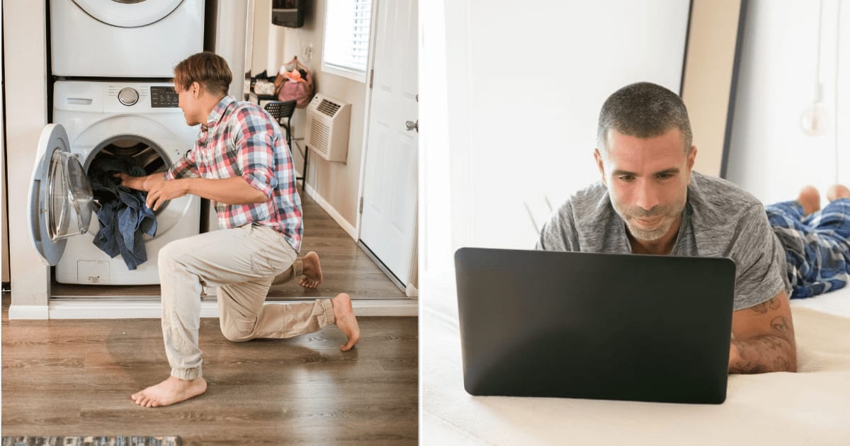 (L) A man loading clothes into the machine. (R) A tenant smiles as he looks at his laptop. (Representative Cover Image Source: Pexels| L - RDNE Stock project, R - Kampus Production)