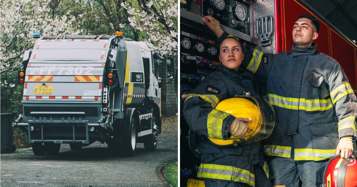(L) Garbage truck. (R) Two firefighters. (Representative Cover Image Source: Pexels | (L) zydeaosika, (R) Franco Monsalvo)