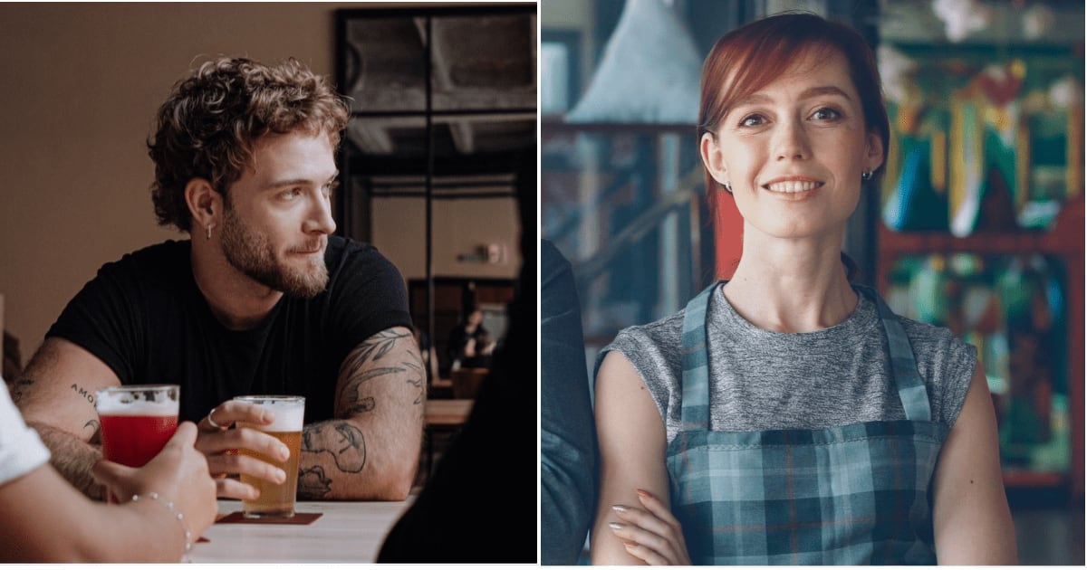 (L) A man looking at someone while eating out with friends. (R) A waitress smiles. (Representative Cover Image Source: L - Pexels| cottonbro studio, R - Unsplash| Vitaly Gariev)